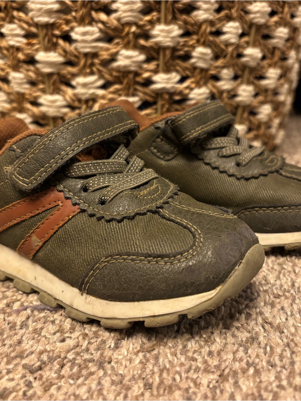 Kids Olive Green Casual Sneakers with Brown Accent